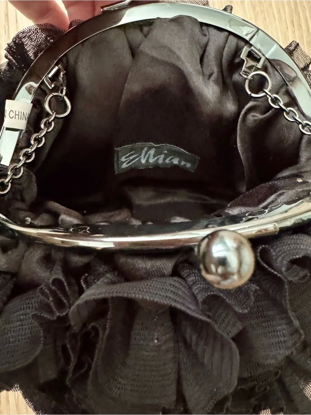 Ellian Vintage Black Ruffled Evening Bag Kiss-Lock Clutch Chain Strap Handbag